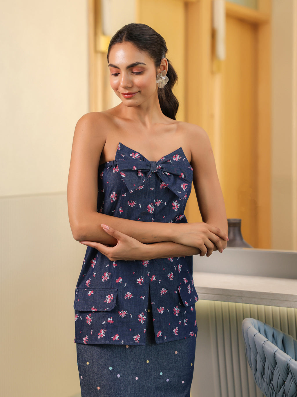 Floral Polka Denim Top & Skirt Set