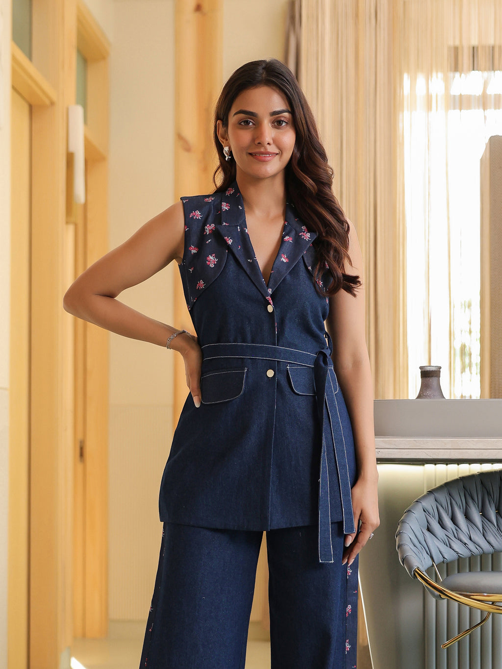 Floral Denim Blazer with Belt