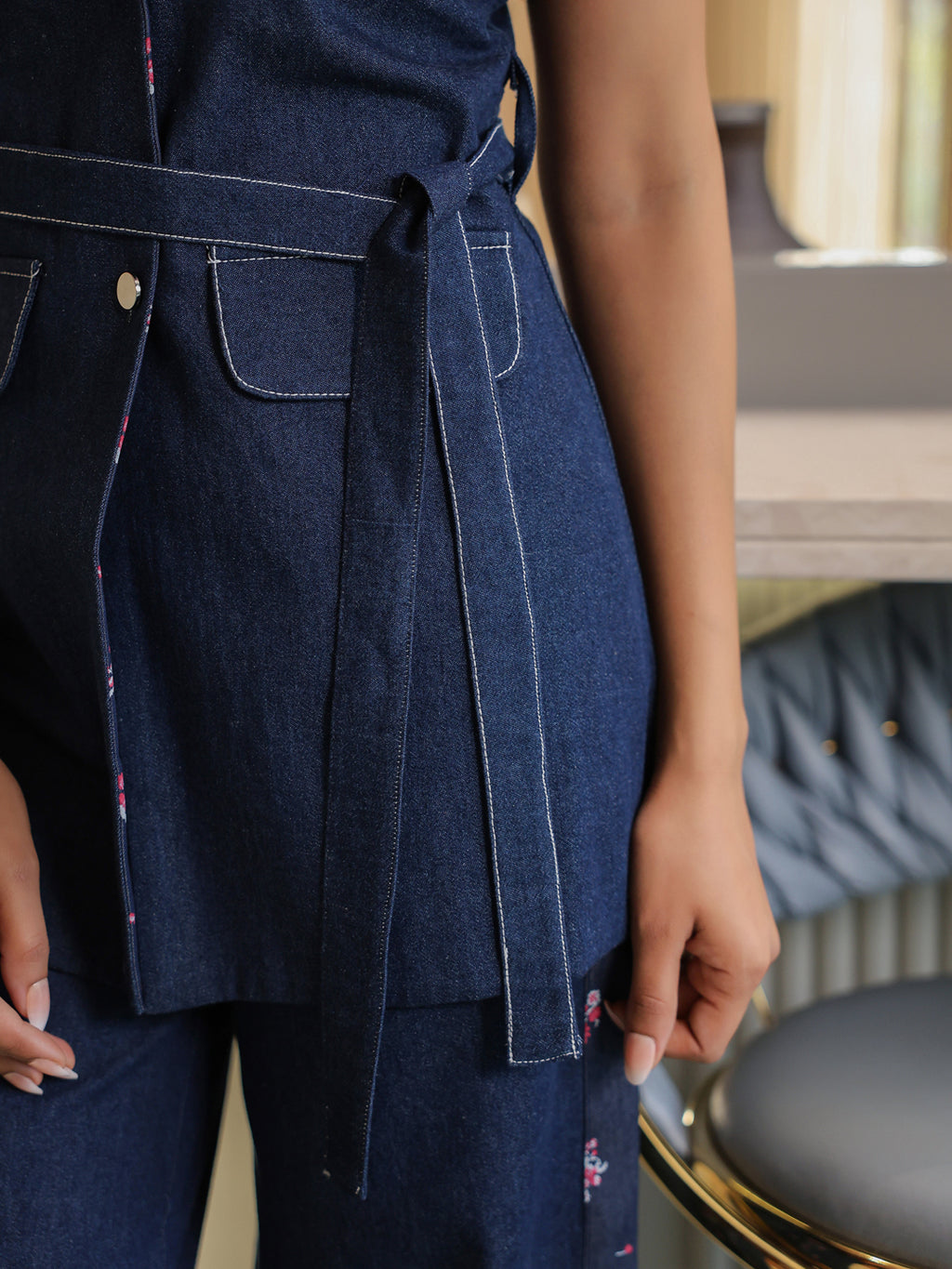 Floral Denim Blazer with Belt
