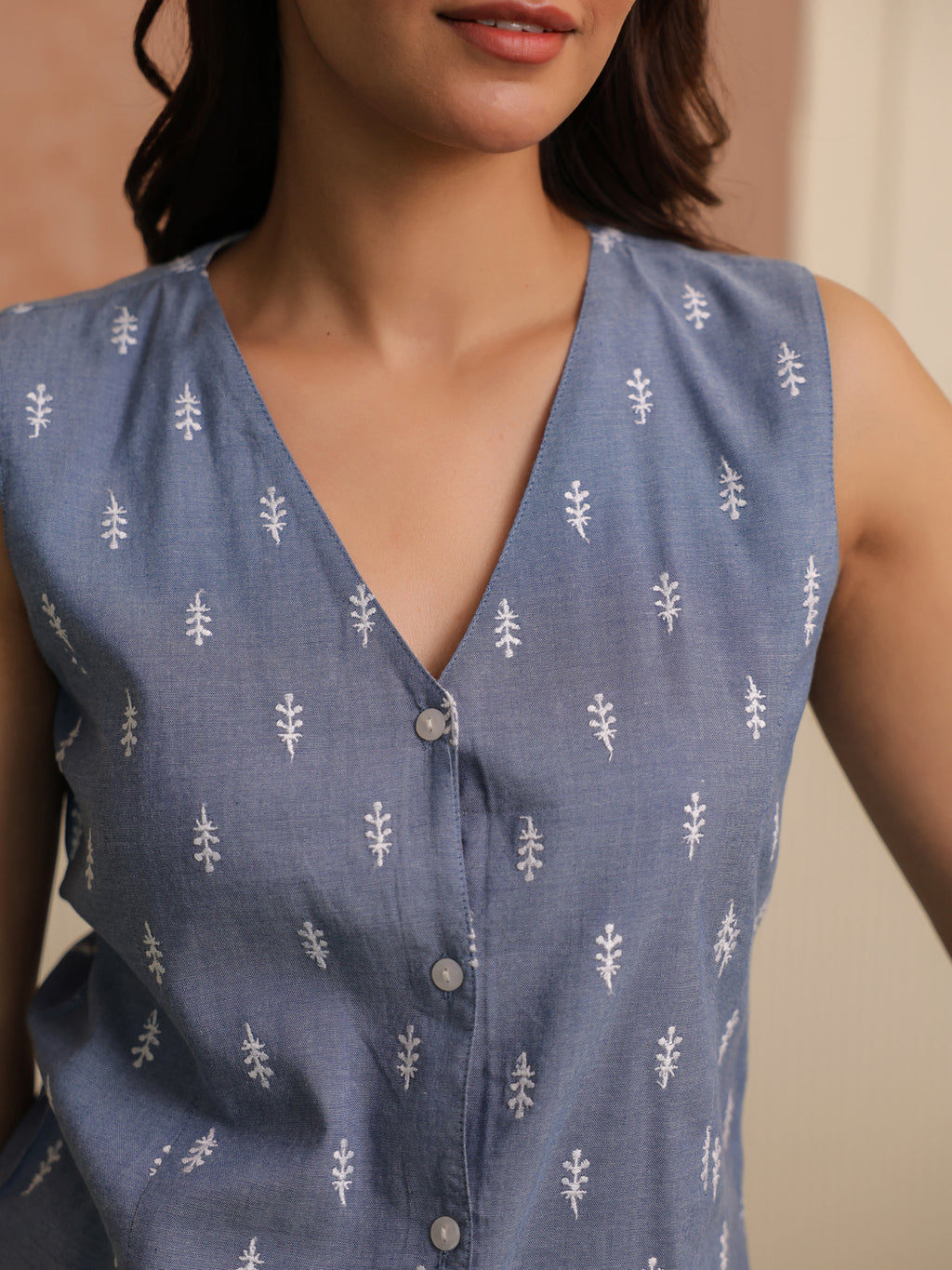 Embroidered Denim Top & Shorts Set