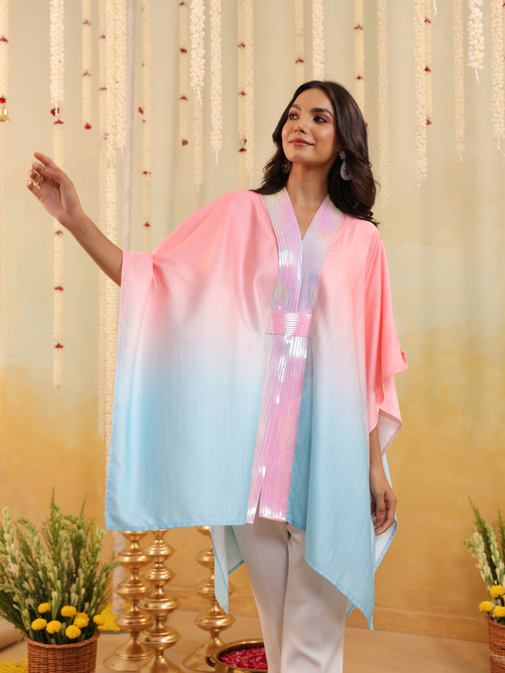 Cyan Ombre Embellished Cape
