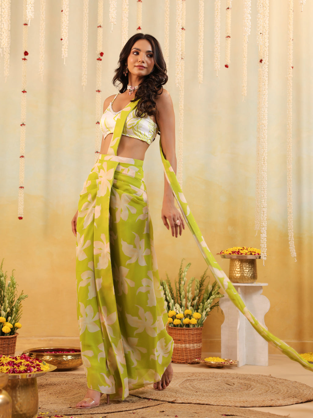 Lime Tropical Embellished Draped Saree