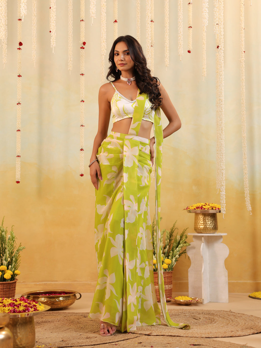 Lime Tropical Embellished Draped Saree