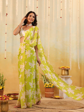 Lime Tropical Embellished Draped Saree