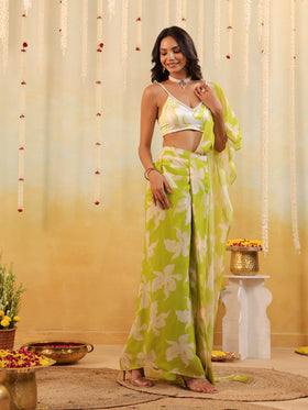 Lime Tropical Embellished Draped Saree