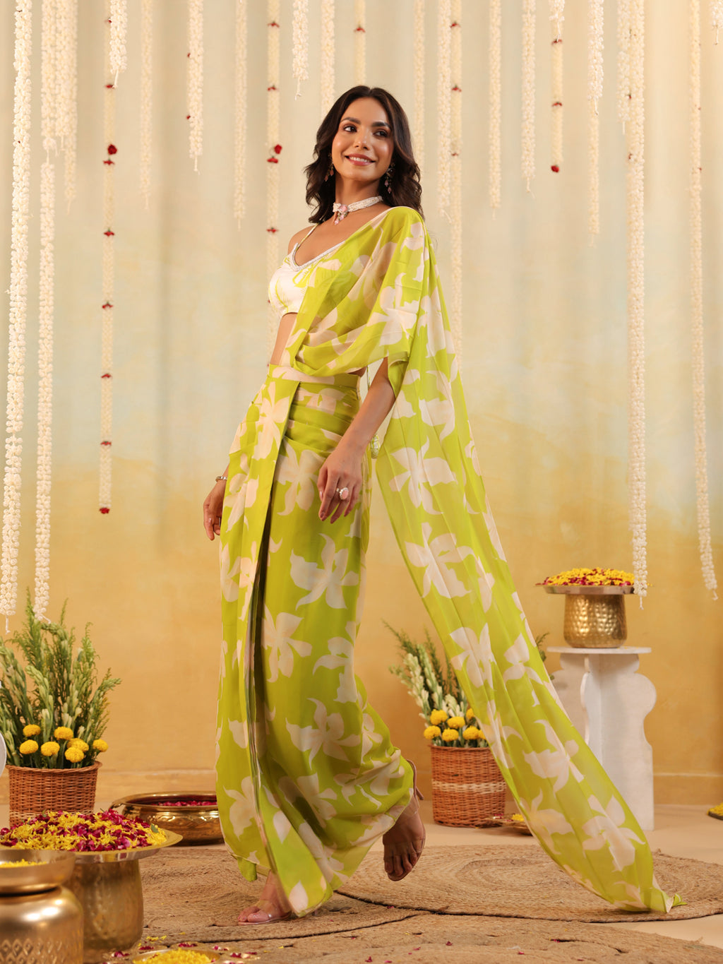 Lime Tropical Embellished Draped Saree