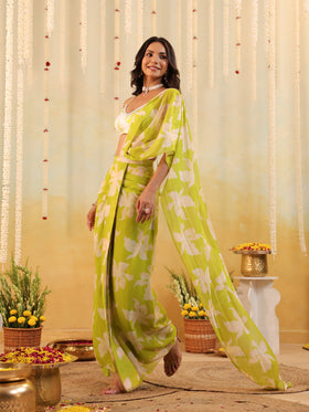 Lime Tropical Embellished Draped Saree
