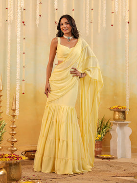 Butter Yellow Embellished Draped Saree