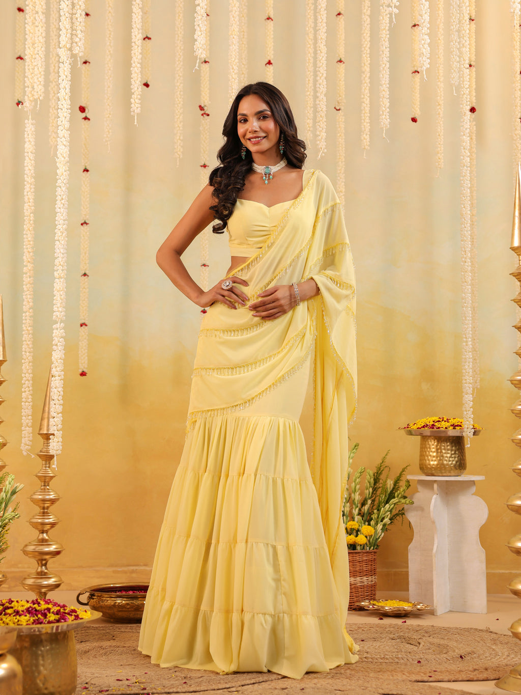 Butter Yellow Embellished Draped Saree