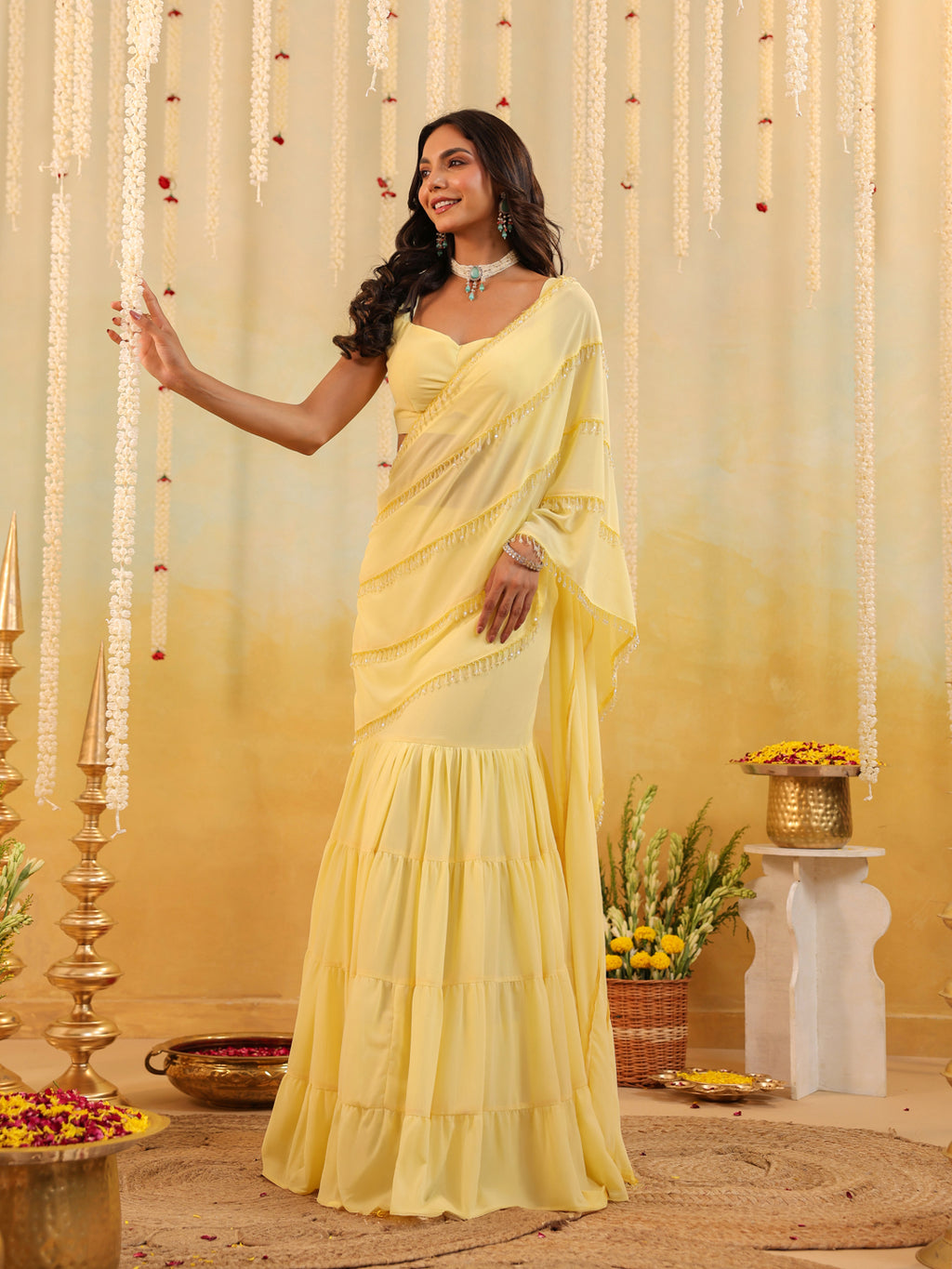 Butter Yellow Embellished Draped Saree