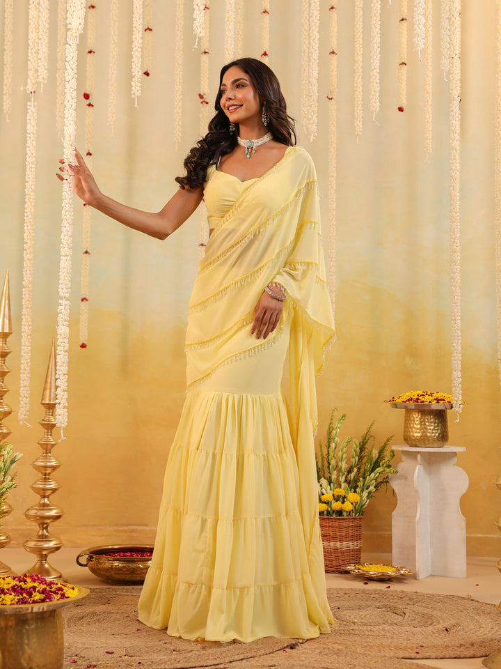 Butter Yellow Embellished Draped Saree