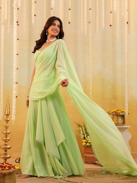 Pastel Green Rufflel Embellished Draped Saree