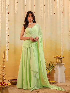 Pastel Green Rufflel Embellished Draped Saree