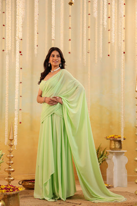 Pastel Green Rufflel Embellished Draped Saree