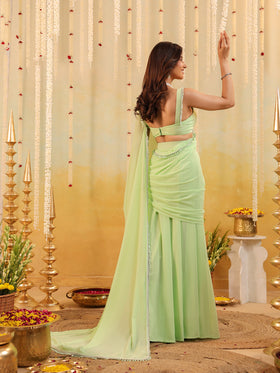 Pastel Green Rufflel Embellished Draped Saree