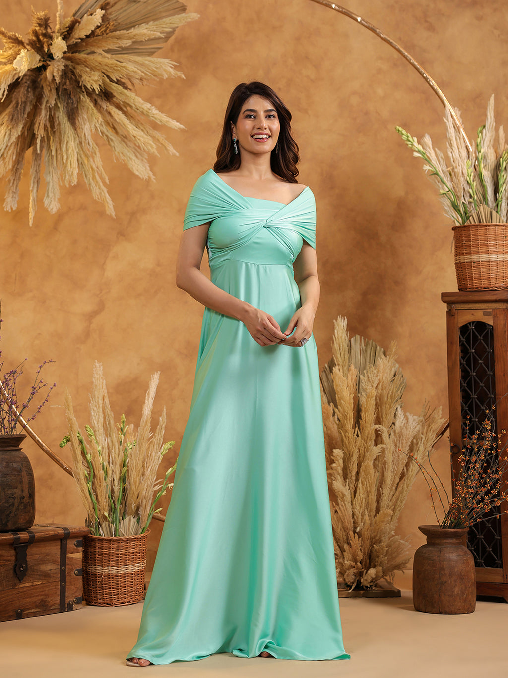 Mint Twist Front Off Shoulder Gown