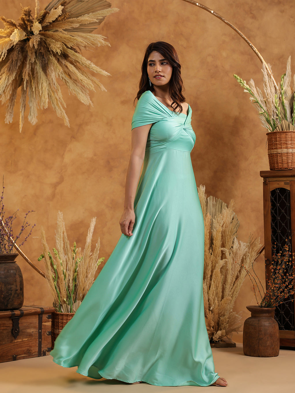 Mint Twist Front Off Shoulder Gown