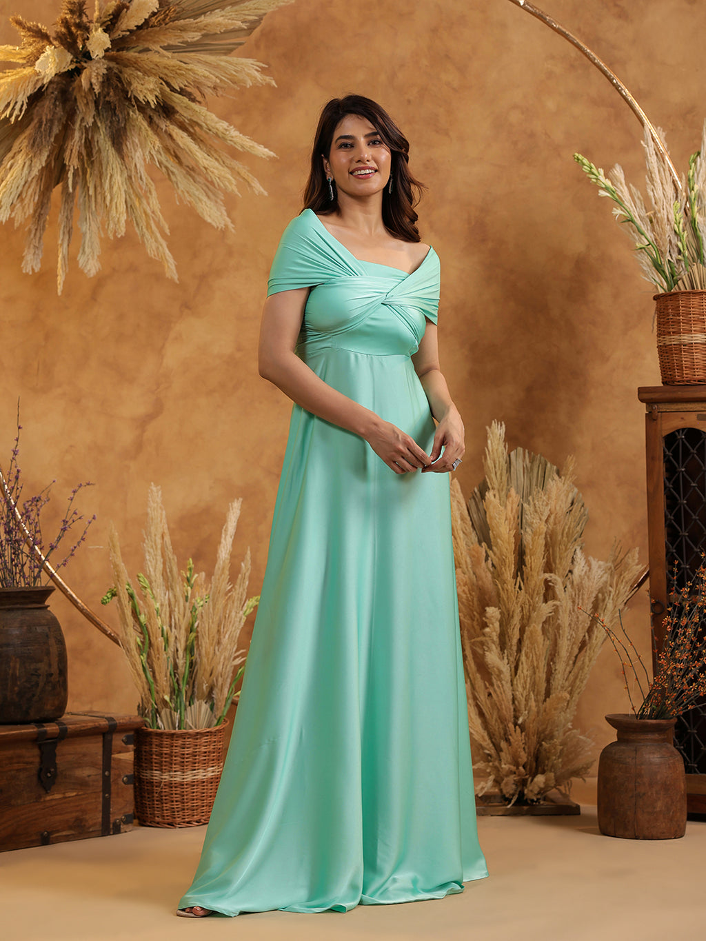 Mint Twist Front Off Shoulder Gown