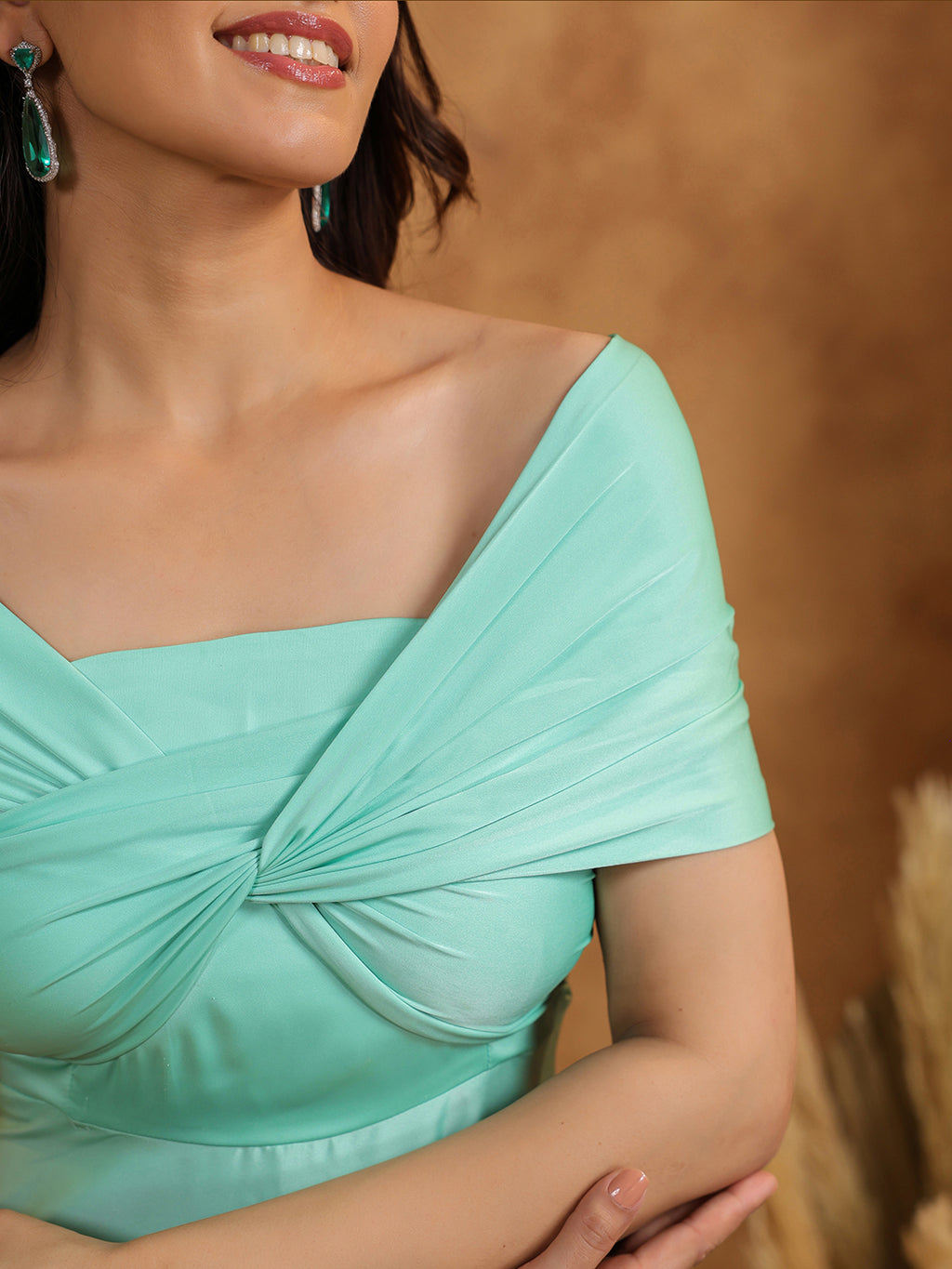 Mint Twist Front Off Shoulder Gown