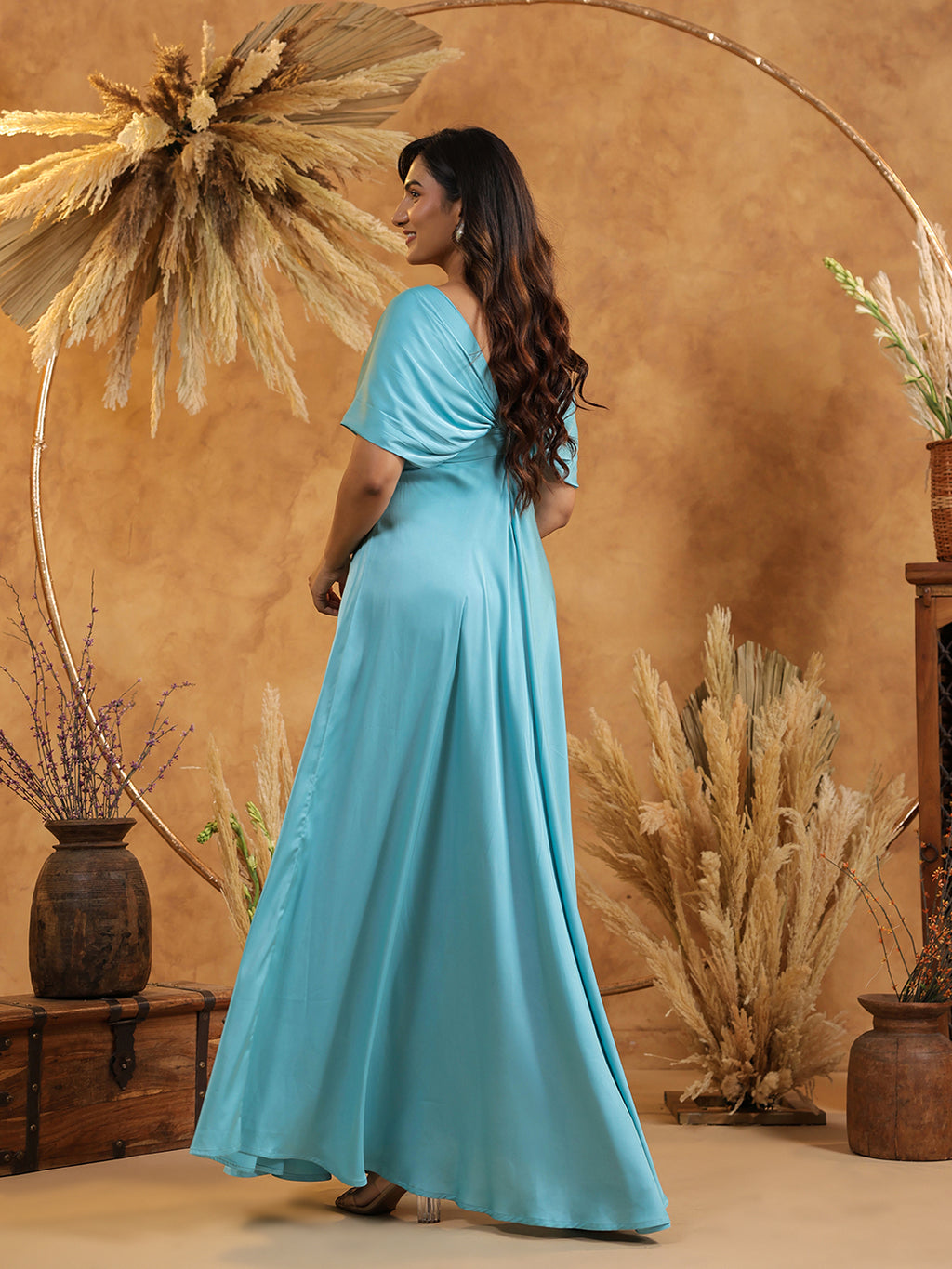 Cyan Blue Twist Front Off Shoulder Gown