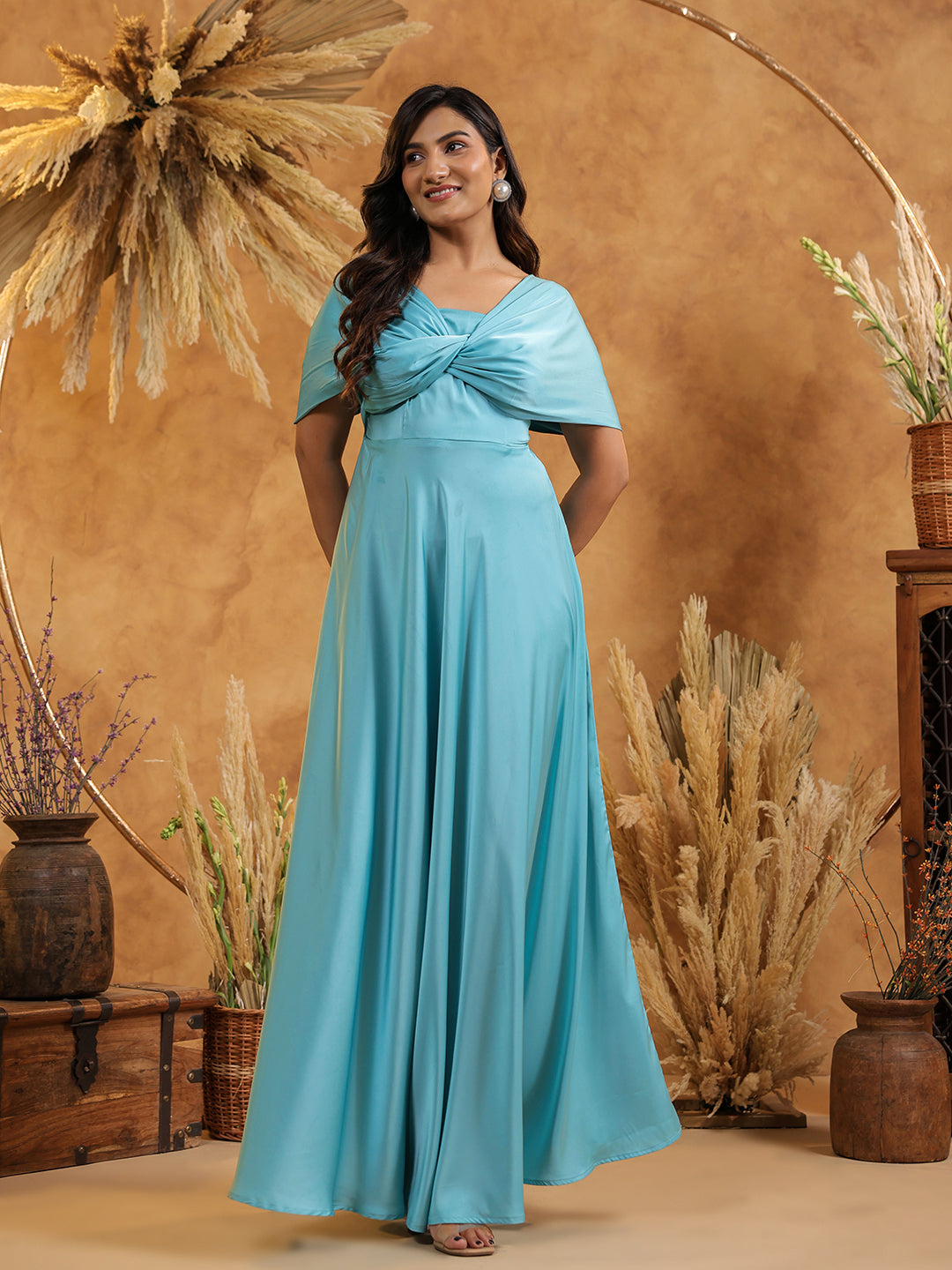Cyan Blue Twist Front Off Shoulder Gown Cyan Blue Twist Front Off Shoulder Gown