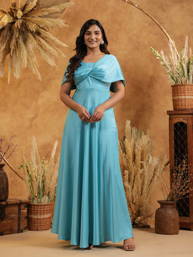 Cyan Blue Twist Front Off Shoulder Gown