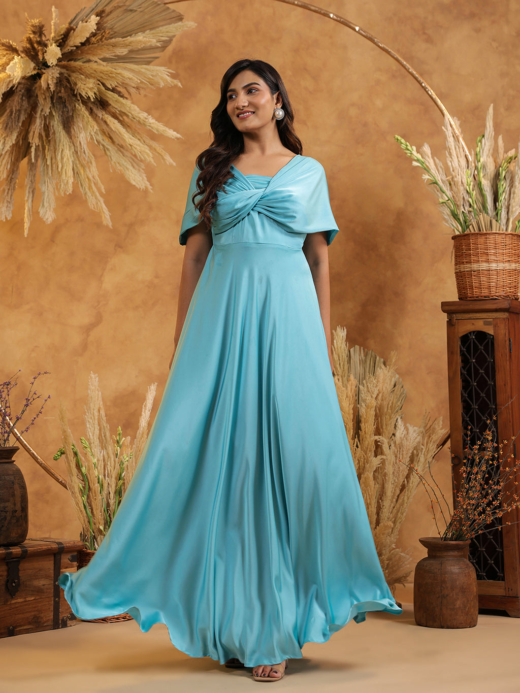 Cyan Blue Twist Front Off Shoulder Gown
