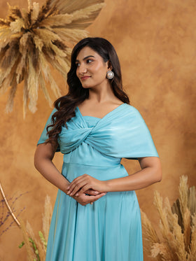 Cyan Blue Twist Front Off Shoulder Gown