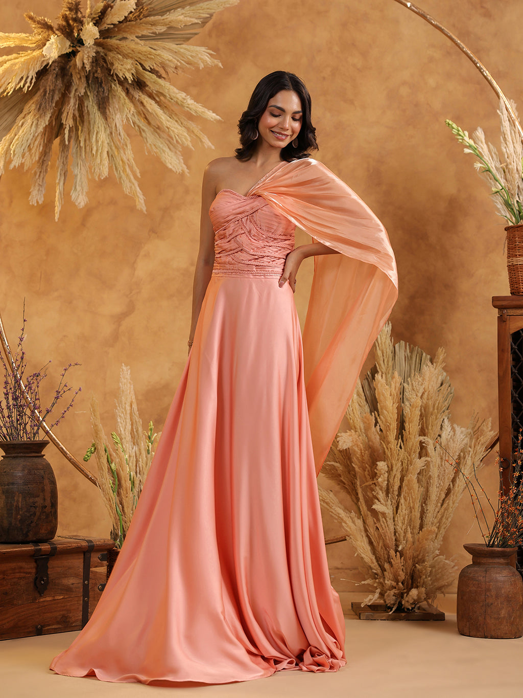 Enchanted Peach Drape Gown