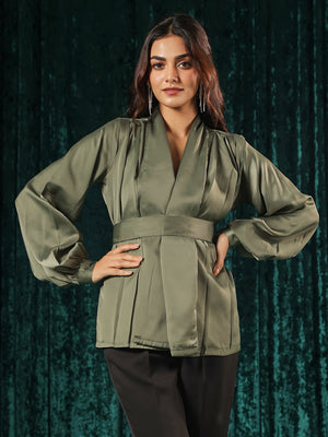 Olive Surplice Front Lantern Sleeve Top