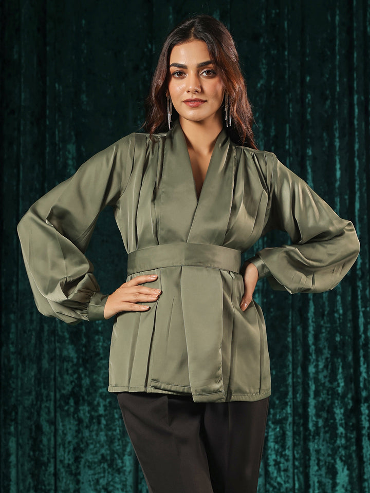 Olive Surplice Front Lantern Sleeve Top