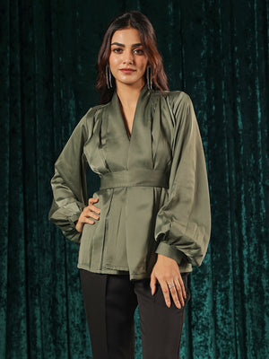 Olive Surplice Front Lantern Sleeve Top