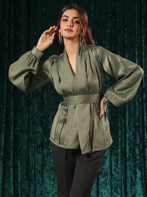 Olive Surplice Front Lantern Sleeve Top