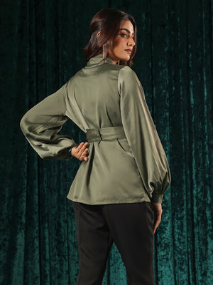 Olive Surplice Front Lantern Sleeve Top