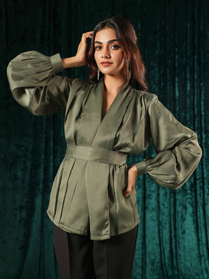 Olive Surplice Front Lantern Sleeve Top