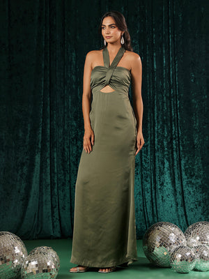 Olive Twist-Front Cutout Gown