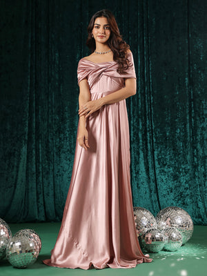 Rose Pink Twist Front Off Shoulder Gown