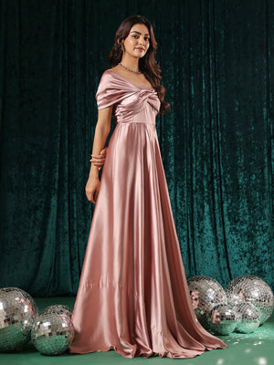 Rose Pink Twist Front Off Shoulder Gown