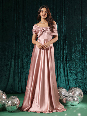 Rose Pink Twist Front Off Shoulder Gown