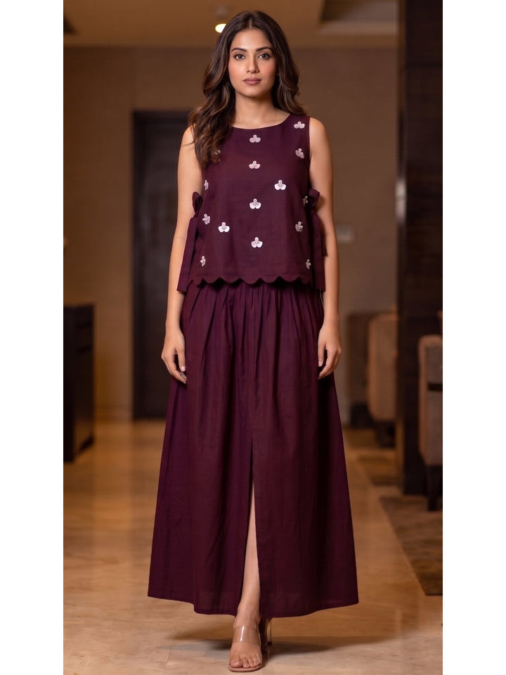 Wine Linen Embellished Co-ord Set