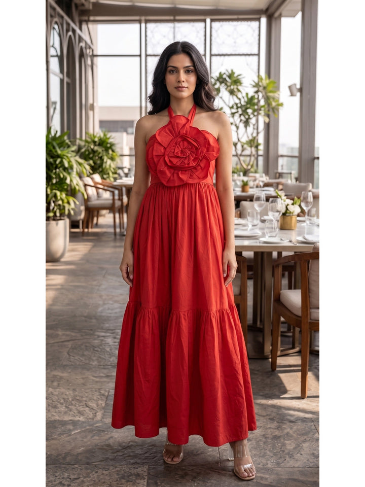 Red Applique Halter Maxi Dress