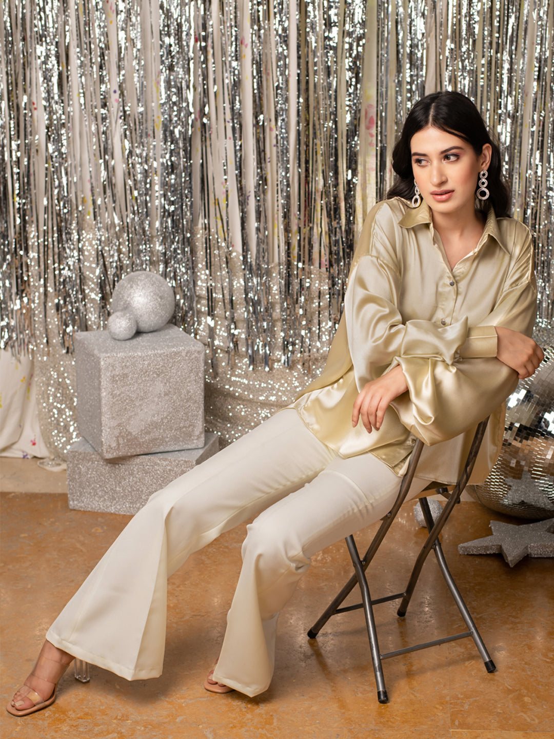 High Low Silk Shirt and White Trousers Set
