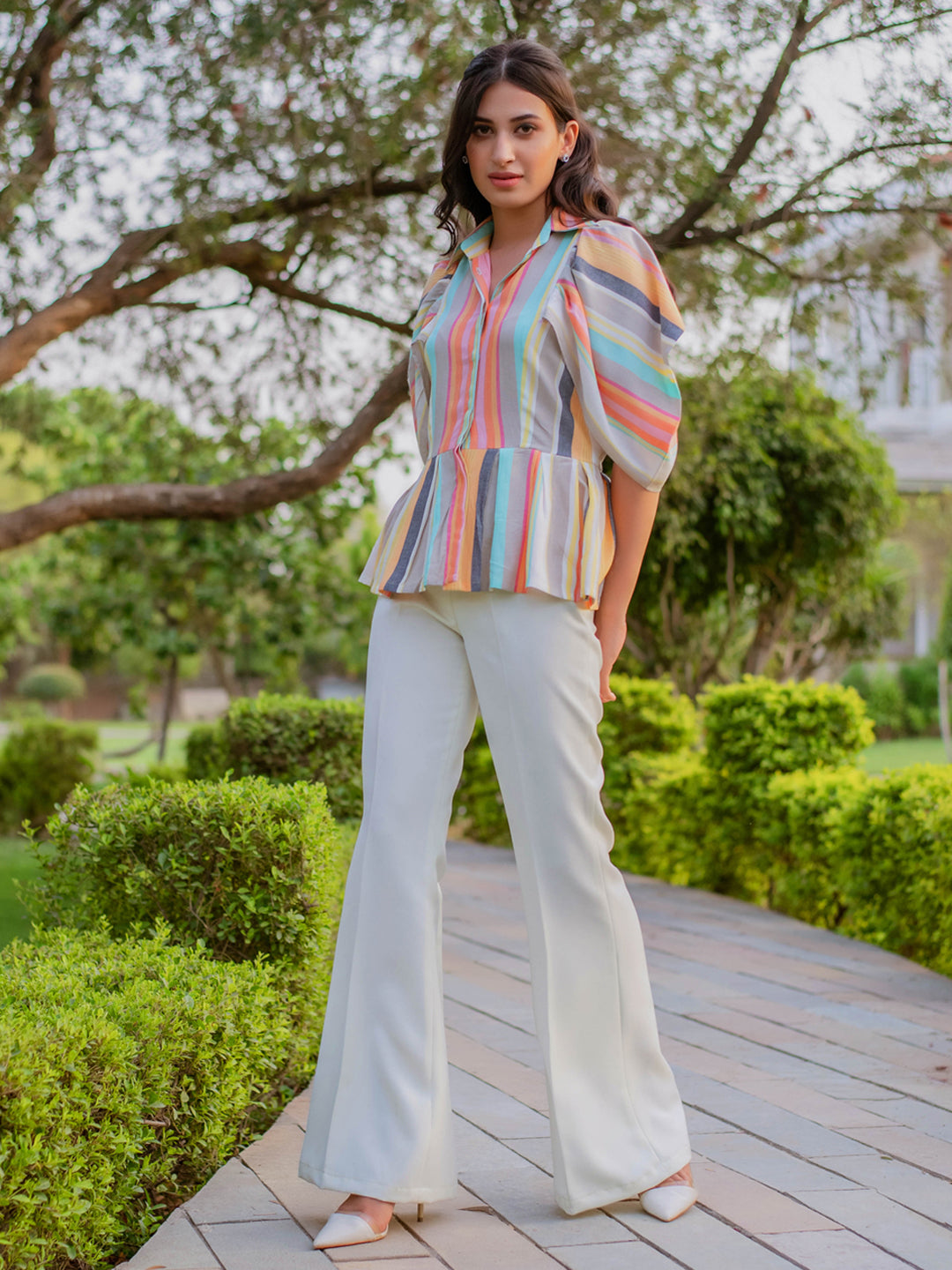 Casual Wear Off White Flared Ruffle Top & Green Trouser Set, Solid Plated  Palazzo, Size: S To 3xl at Rs 570 in New Delhi