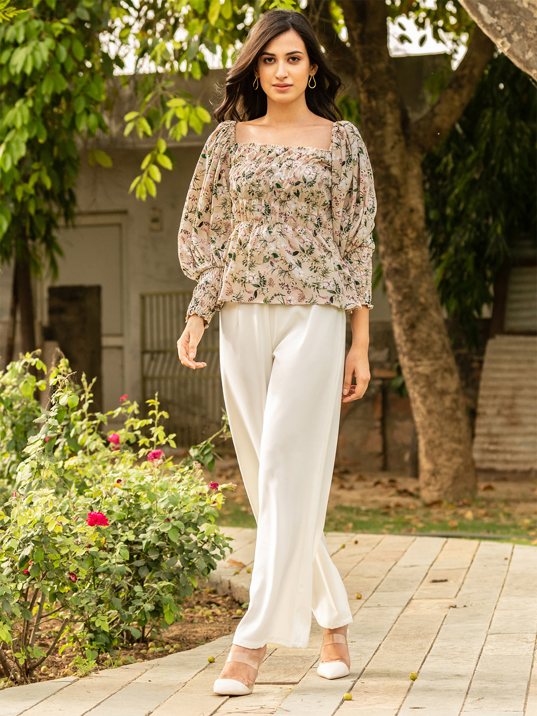 BInfinite pantsetwomenwesternwear  Buy BInfinite Pink Floral Top And  White Trousers set Of 2 Online  Nykaa Fashion