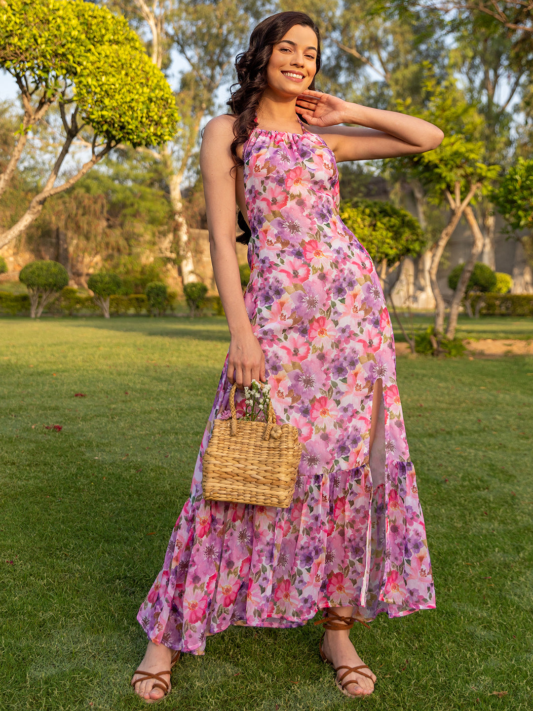Buy Blue Viscose Printed Floral Halter Neck Bloom Maxi Dress For Women by  Bhanuni By Jyoti Online at Aza Fashions.