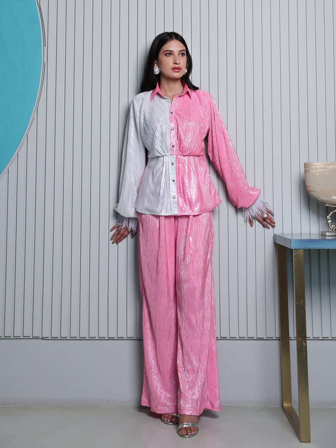 Metallic White & Pink Pleated  Coords-Set