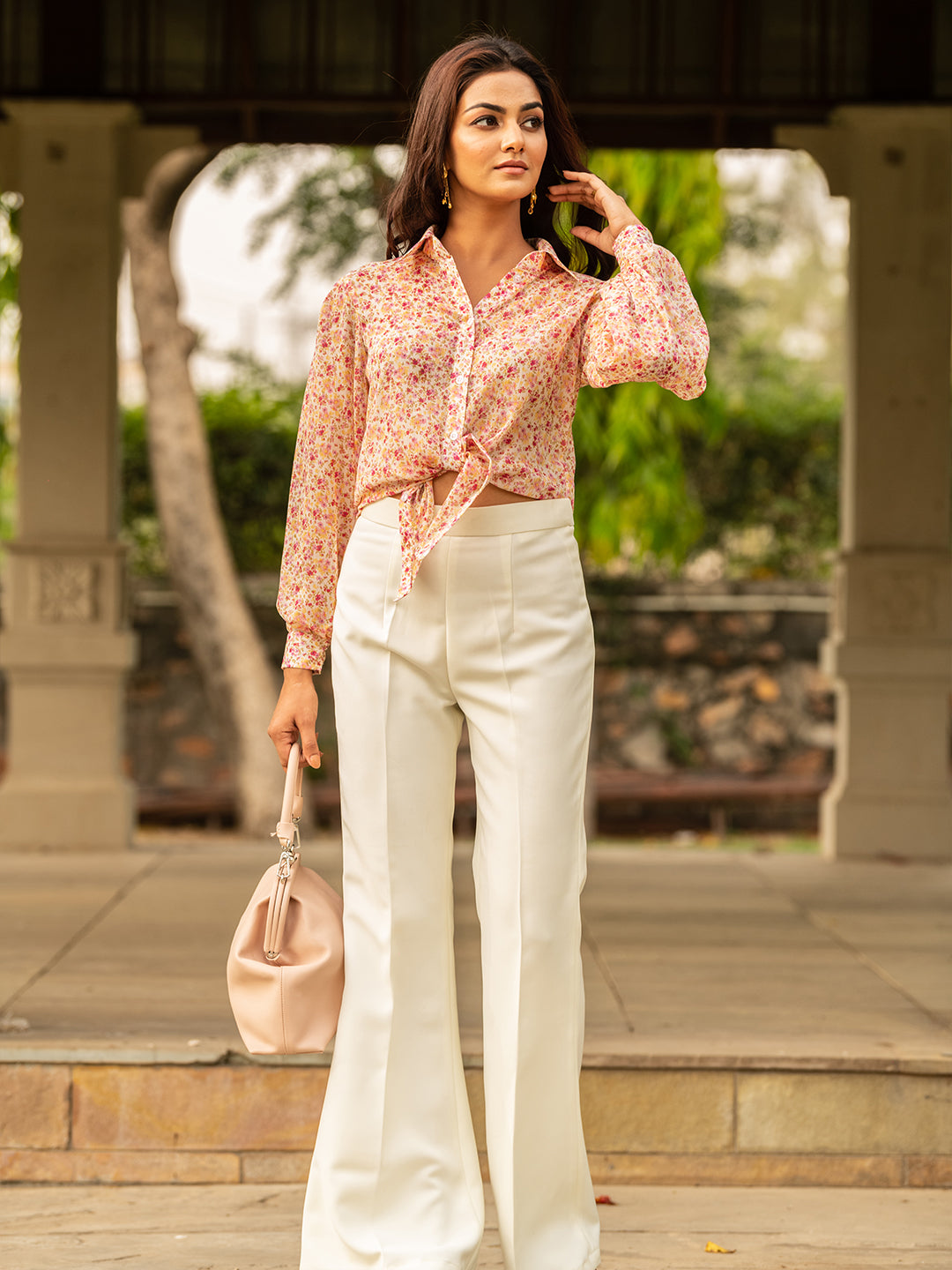 Pink Floral Top and White Trousers