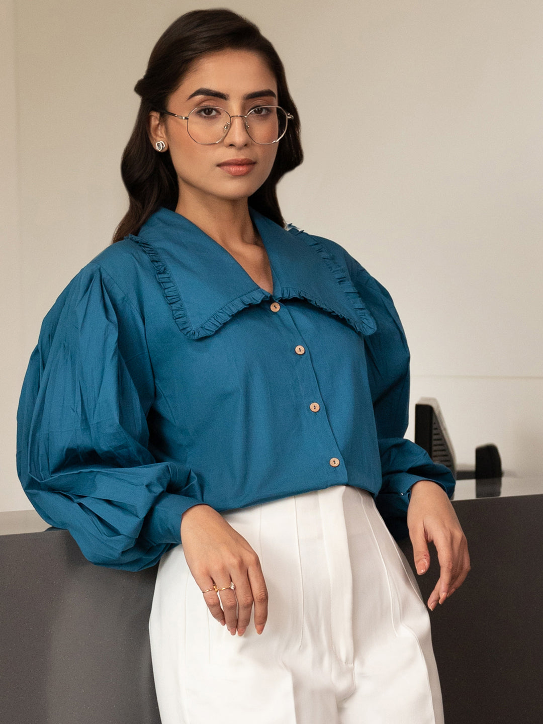 Prussian Blue Baloon Sleeve Shirt