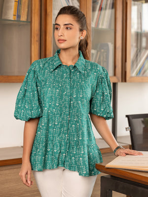 Teal Printed Tiered Shirt