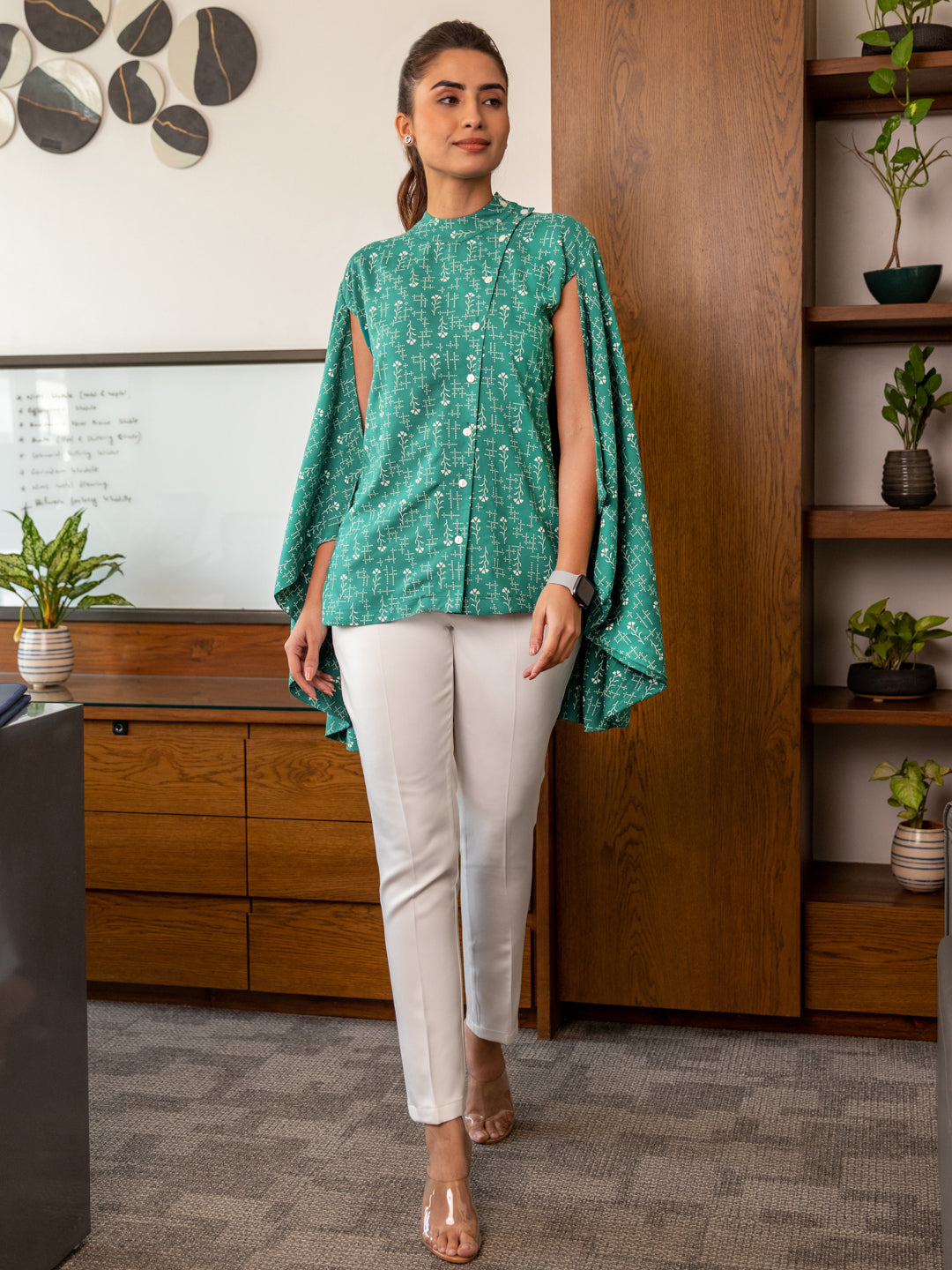 Printed Cape Styled Shirt & White Trousers